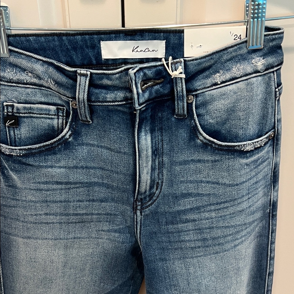 KanCan Dark Blue High-Rise Flare Jeans with Frayed Hem 24/32 - Picture 13 of 13